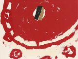 an image of a painting of a red and white circle with blue squares