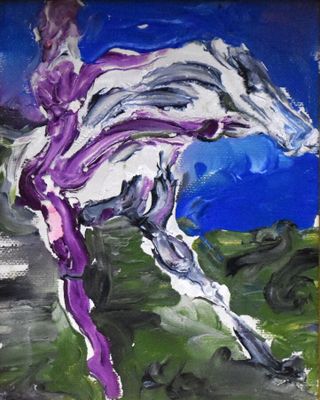 tableau représentant un cheval galopant dans un champ, avec un ciel bleu en arrière-plan