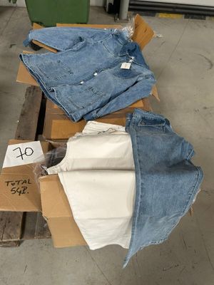 une pile de jeans sur une palette dans un entrepôt