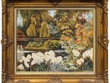 une peinture à l'huile représentant des fleurs blanches, dans un cadre doré