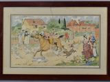 tableau encadré représentant un homme à cheval poursuivant une volée d'oiseaux