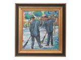 tableau représentant deux hommes, munis de balais et coiffés de chapeaux, marchant dans une rue