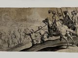 a drawing of a man on a horse being led by a man on a horse