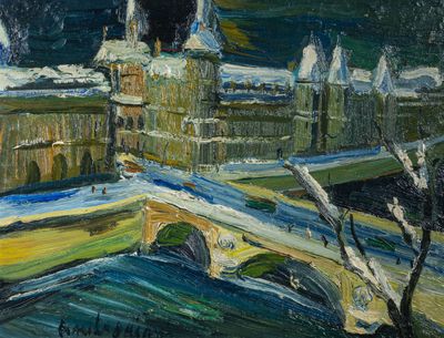 an oil painting of a bridge over a river with a castle in the background