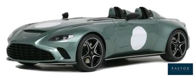 the aston car is green and has a white stripe on the side