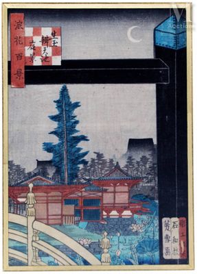 une image représentant un tableau représentant un paysage japonais avec un homme debout sur un pont