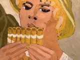 painting of a woman in a yellow hat playing a flute