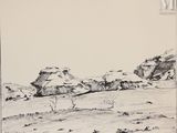 dessin représentant un paysage avec des rochers et des arbres au premier plan