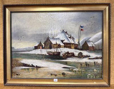 une image représentant un tableau où l'on voit un bateau sur l'eau près d'un village