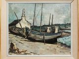 un tableau représentant un bateau sur la plage, avec un phare en arrière-plan