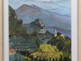 an oil painting of a landscape with a mountain in the background