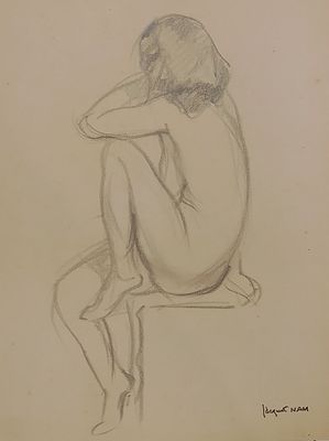 drawing of a nude woman sitting on a stool with her hand on her head