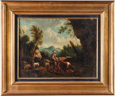 an oil painting of a landscape with sheep and a man on horseback