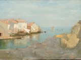 une peinture représentant une scène portuaire avec des bateaux dans l'eau