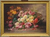 a painting of flowers in a vase on a table