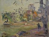 an oil painting of a person sitting under a tree in a park