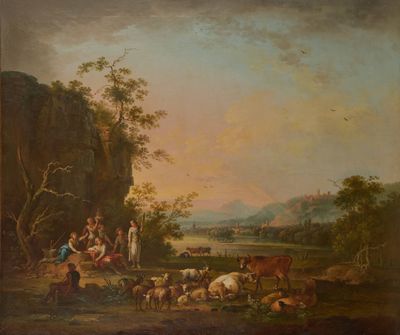 tableau représentant un groupe de personnes et d'animaux dans un paysage rocheux