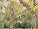 painting of a dirt road in a wooded area surrounded by trees