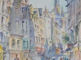 a painting of a city street with people walking on it