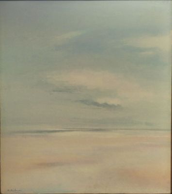 une peinture à l'huile représentant une scène de plage avec un bateau solitaire au loin