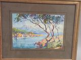 painting of a view of a beach with trees and a body of water