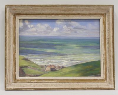 painting of a view of the ocean from a hill with a house in the foreground