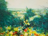une peinture à l'huile représentant un champ avec des fleurs et des arbres en arrière-plan