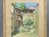 une peinture à l'huile représentant un vieux bâtiment avec un chemin devant