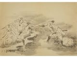 an image of a drawing of two men fighting over a body of water