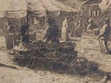 a drawing of a street scene with people and a horse drawn carriage