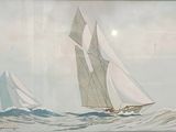 a painting of two sailboats sailing in the ocean