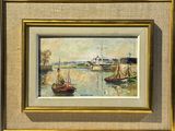 une peinture à l'huile représentant des bateaux dans un port, avec un phare en arrière-plan