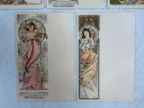 four cards of art nouveauist paintings on a blue background