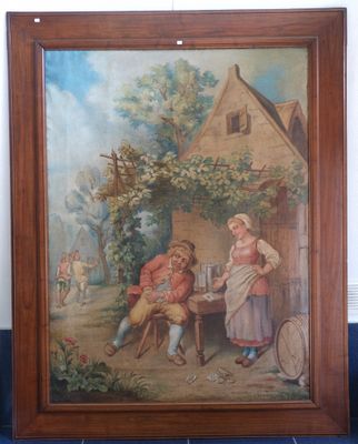 painting of a man and a woman sitting at a table in front of a house