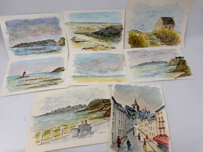quatre aquarelles représentant des bâtiments et une personne marchant sur la plage