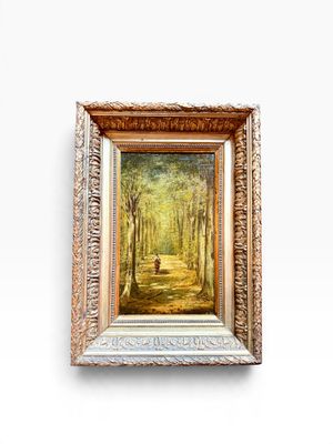 une peinture à l'huile représentant une scène forestière avec un cerf au premier plan