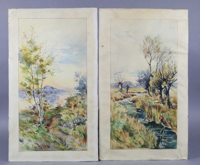 deux aquarelles représentant des arbres et une rivière dans un champ