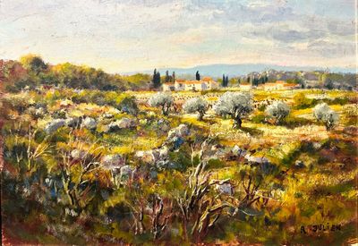 une peinture à l'huile représentant un champ avec des arbres et des buissons au premier plan