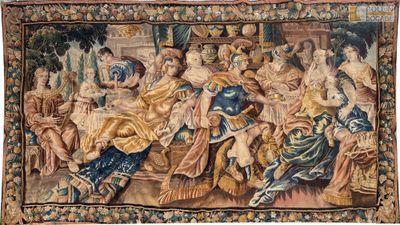 une image représentant une tapisserie sur laquelle figure un groupe de personnes