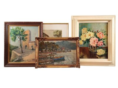 trois tableaux encadrés représentant des fleurs et des bateaux sur fond blanc