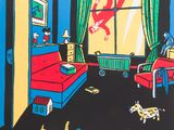 an image of a painting of a living room with a couch and a dog