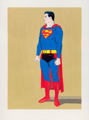 a painting of a man dressed as superman standing in front of a brown background