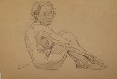 a drawing of a man sitting on the floor