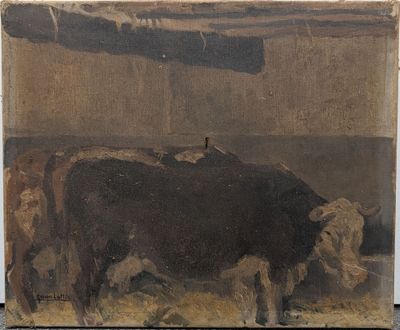 un tableau représentant une vache dans une étable avec d'autres vaches