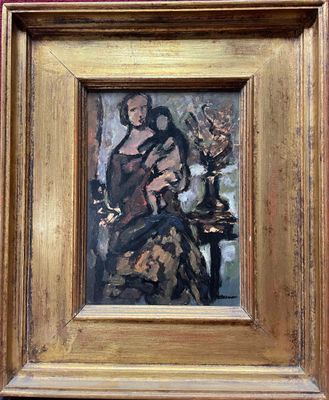 a painting of a woman holding a cat on a table