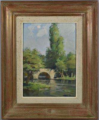 an oil painting of a bridge over a river with trees in the background
