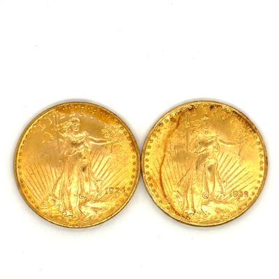 deux pièces d'or, dont l'une est un Saint-Gaudet et l'autre est un Saint-Gaudet