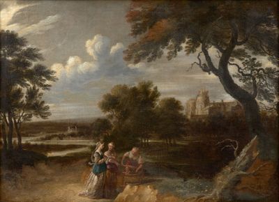 une image représentant un tableau où l'on voit un couple et un enfant dans un paysage boisé