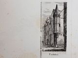 an old drawing of a building with a clock on top of it