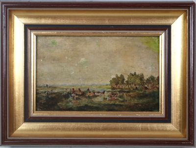 a painting of a landscape with horses and riders in the distance